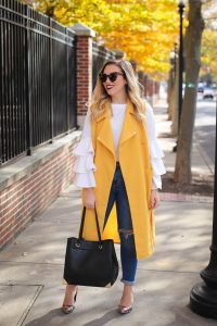 yellow vest jeans heels ruffle sleeves stamford connecticut