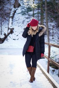 Bundled Up in the Snow Black & Red Winter Snow Outfit | Noize Down Parka Sorel Cate the Great Lace Up Boots Black Leggings
