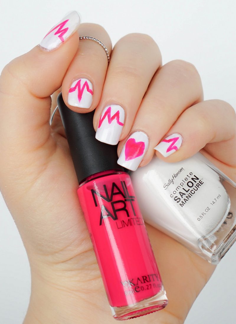 Valentine’s Day Hot Pink Heartbeat Nail Art