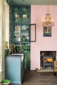 Green Tile Pink Kitchen | Devols Kitchen Showroom Clerkenwell London | 20 Photos That Will Prove Decorating with Pink and Green is the Next Big Thing