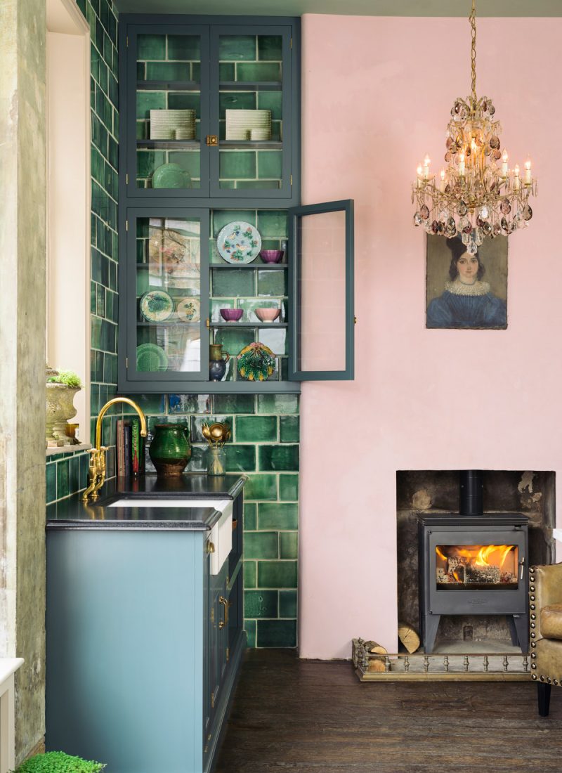Green Tile Pink Kitchen | Devols Kitchen Showroom Clerkenwell London | 20 Photos That Will Prove Decorating with Pink and Green is the Next Big Thing