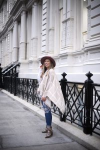 The Under $150 Fall Outfit Your Closet | New York City Street Style | Cream Plaid Cape | Levis 721 Jeans | Snake Skin Booties | Neutral Fall Look Inspiration