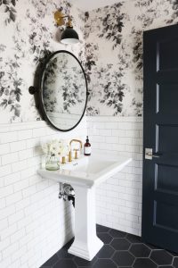 Black White Floral Anthropologie Wallpaper | Wallpaper Bathroom Inspiration | Wallpapered Bathroom Ideas | Black and White Bathroom | White Subway Tile