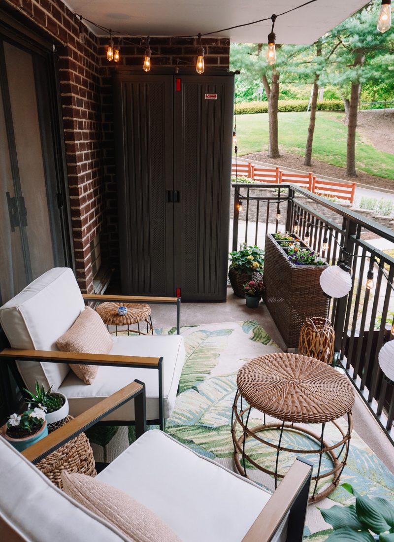 My Apartment Balcony Reveal + More Affordable Outdoor Inspiration | Target Outdoor Furniture | Outdoor Palm Print Rug | Wicker Furniture Inspiration | Outdoor Oasis String Lights | How to Decorate a Small Balcony | Patio Ideas | Deck Inspiration | Outdoor Living Room | Outdoor Decorating Ideas | Terrace | Porch | Patio Renovation | Balcony Remodel