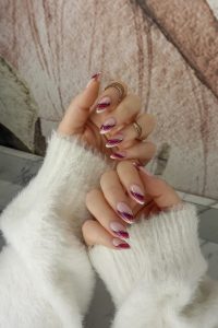Fall French Twist Nails | Unique French Manicure | Fall Nails | Thanksgiving Nails | November Nails | Nail Ideas | Nail Art Inspiration | Nail Designs | Autumn Rainbow Mani | Gold Rings | Almond Shaped Nails