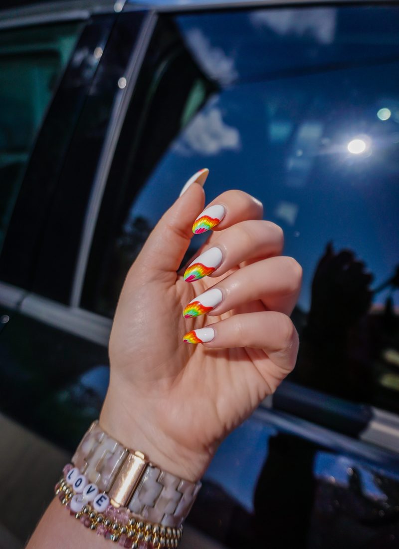 Rainbow Tie Dye Nails: Manicure of the Month | Summer Nails | Vacation Nails | Manicure Ideas | 2021 Nail Ideas | Nail Art | Almond Nails | Acrylic Nails | Colorful Nails | Acrylic Nails | Nail Design