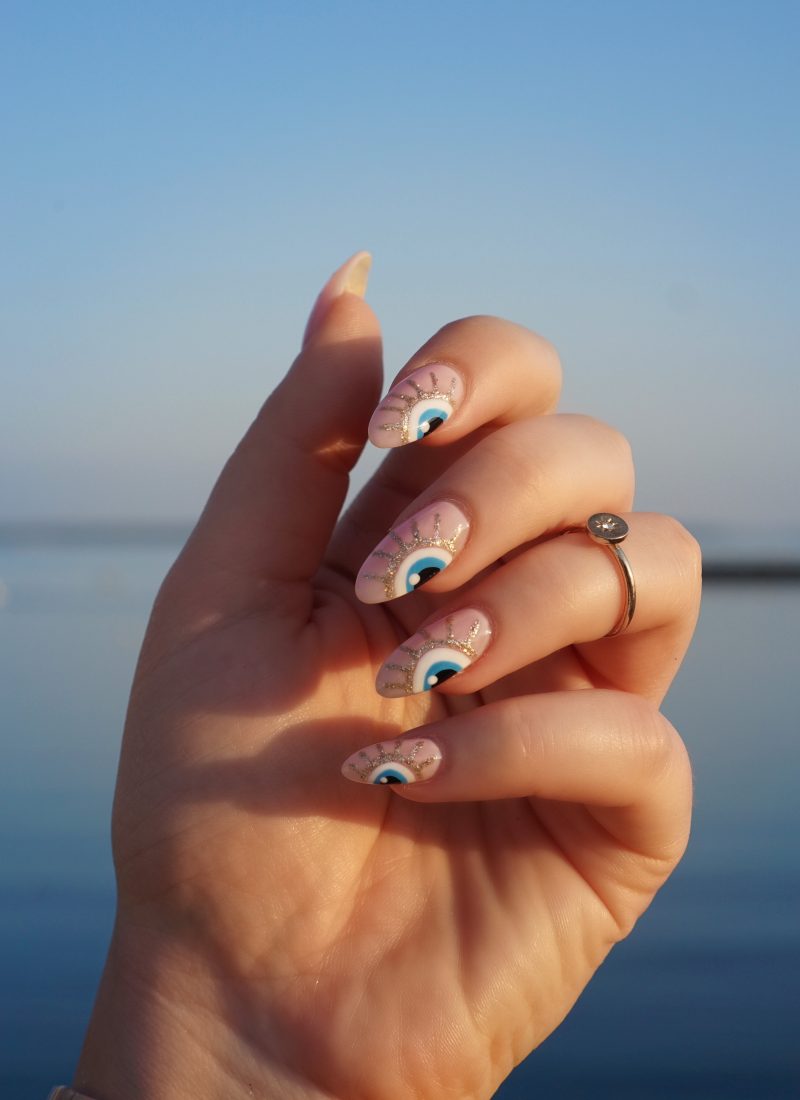 Pink & Glitter Evil Eye Nails | October Nails | Fall Nails | Nail Art | Nail Designs | Almond Nails