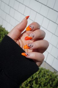 Neon Orange Halloween Nails with Stars and Moons | Fall Nails 2021 | Spooky Nails | October Nails | Abstract French Manicure