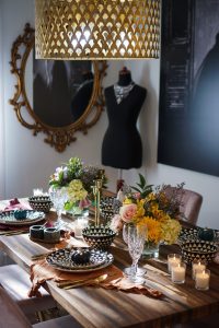Fall Tablescapes featuring Fall Flowers, Gold Accents, Black & White Geometric Dishes | Modern Holiday Tablescapes | Fall Decor | Affordable Decor Ideas | Fall Table Centerpiece | Jewel Toned Table Settings