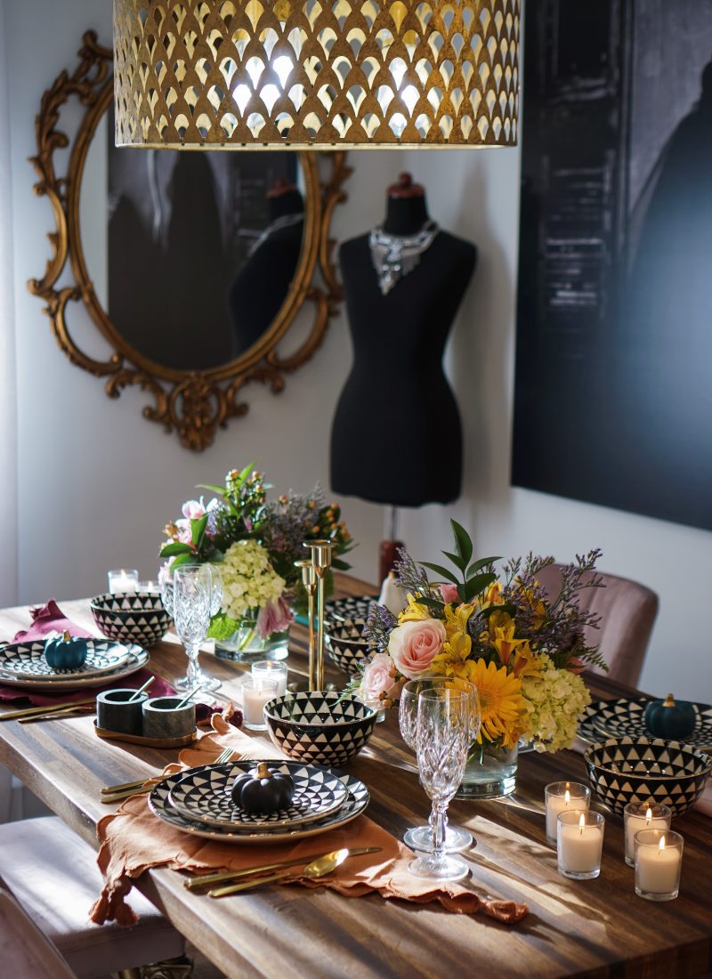 Fall Tablescapes featuring Fall Flowers, Gold Accents, Black & White Geometric Dishes | Modern Holiday Tablescapes | Fall Decor | Affordable Decor Ideas | Fall Table Centerpiece | Jewel Toned Table Settings