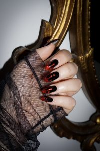 Halloween Blood Drip Nails | October Nails | Fall Nails | Blood Red Glitter Nails | Almond Nails | Scary Nail Art Design | Black Nails | Halloween Nails
