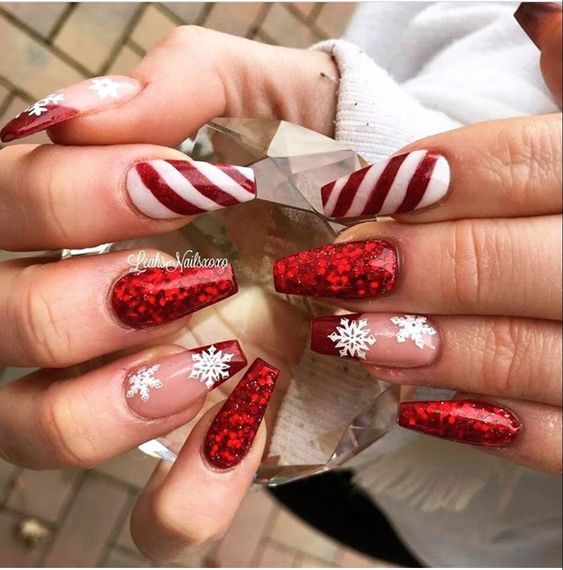 Candy Cane Striped Red Glitter Nails