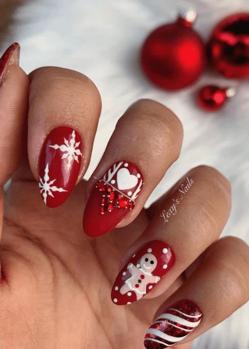 Red and White Snowflake and Candy Cane Nails