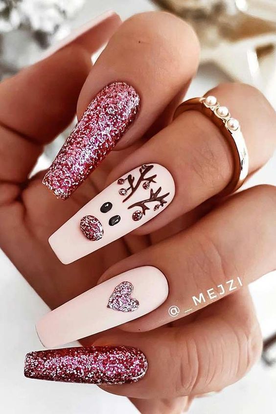 Pink Glitter and Reindeer Christmas Nails | Best Pinterest Holiday Nails