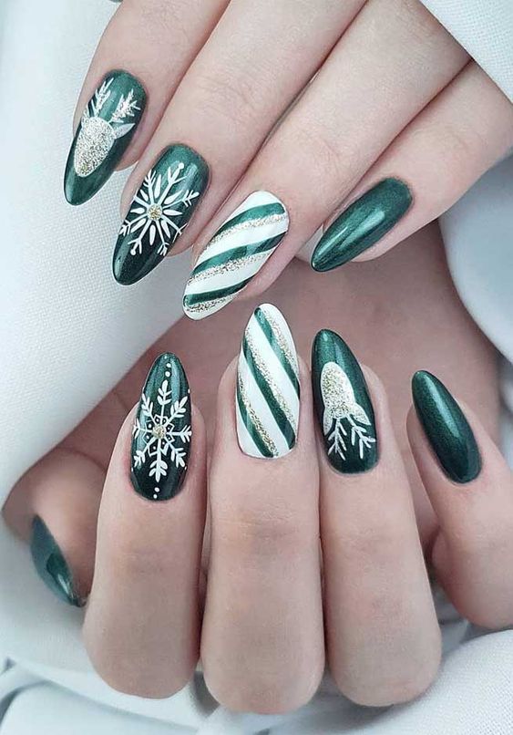 Dark Green & Silver Striped Nails