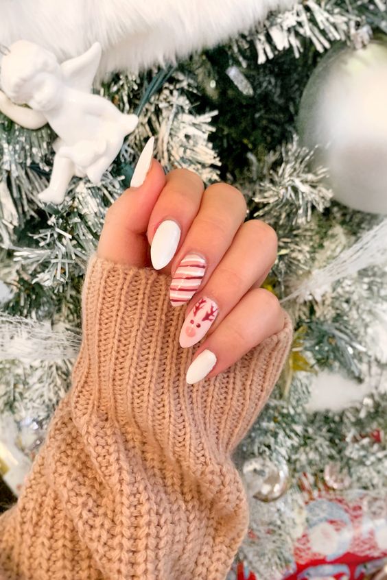 Stripes and Reindeer Christmas Nails