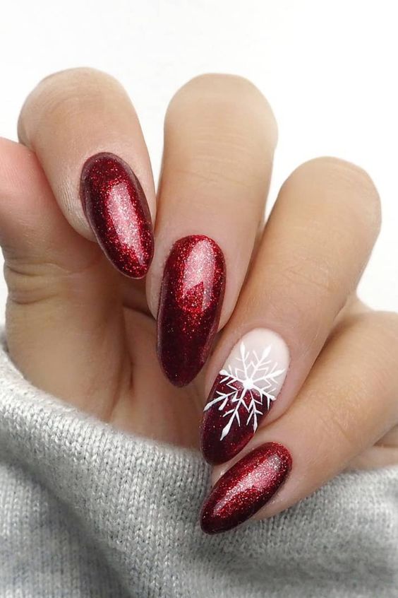 Red Glitter Snowflake Nails