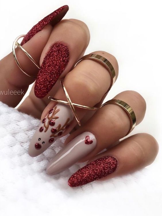 Red Glitter Reindeer Christmas Nails