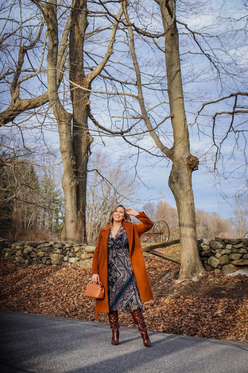 Midi Paisley Dress, Rust Long Coat & Knee High Leather Boots | Easy Fall Outfits to Recreate | Fall Outfit Inspiration | Simple Fall Outfits | Winter Fits | New York Fall Foliage