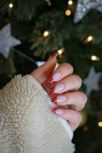 Candy Candy Nails | Red and Silver Christmas Nails | Striped French Manicure Nail Design | Simple Holiday Nails