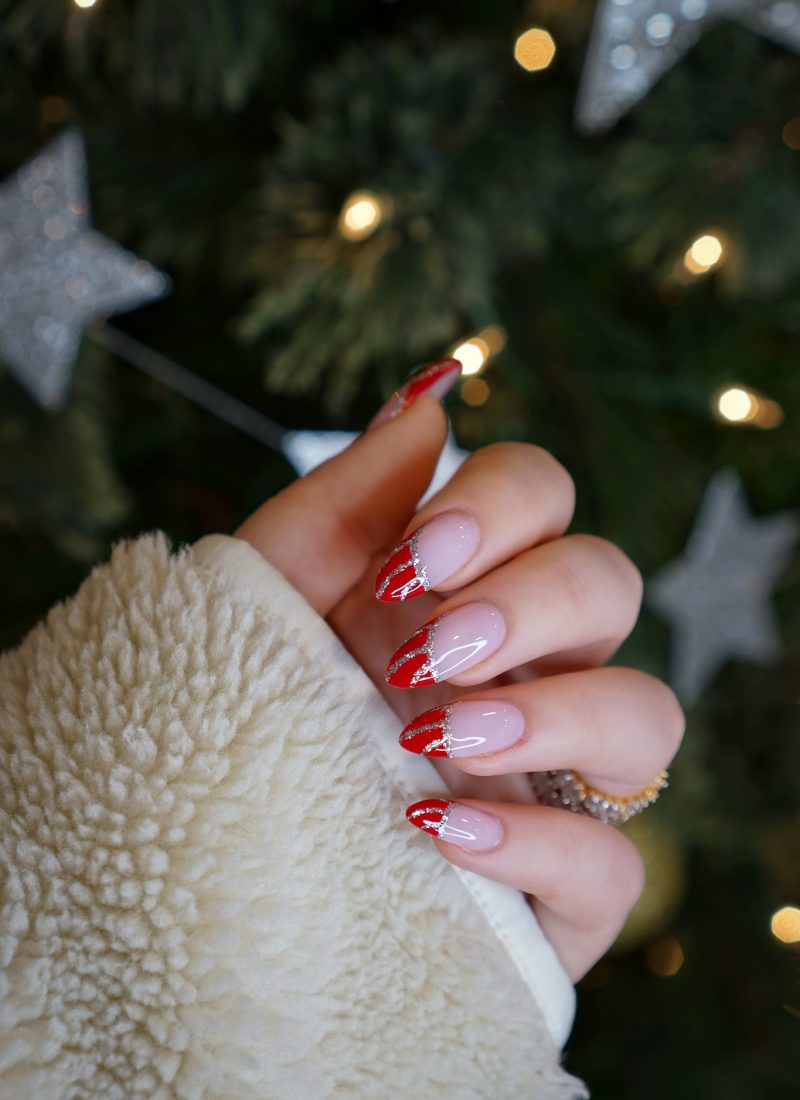 Candy Candy Nails | Red and Silver Christmas Nails | Striped French Manicure Nail Design | Simple Holiday Nails