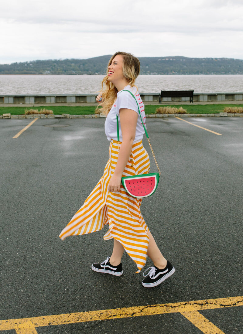 How to Dress Down a Midi Skirt Topshop Button Handkerchief Hem Midi Striped Skirt Watermelon Purse Bag Vans Old Skool Sneakers