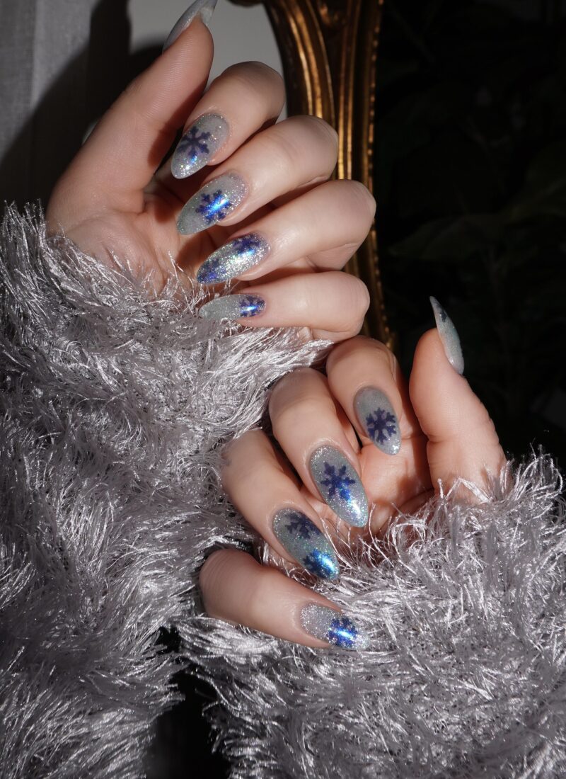 Manicure of the Month: Frosty Blue Glittery Snowflake Nails