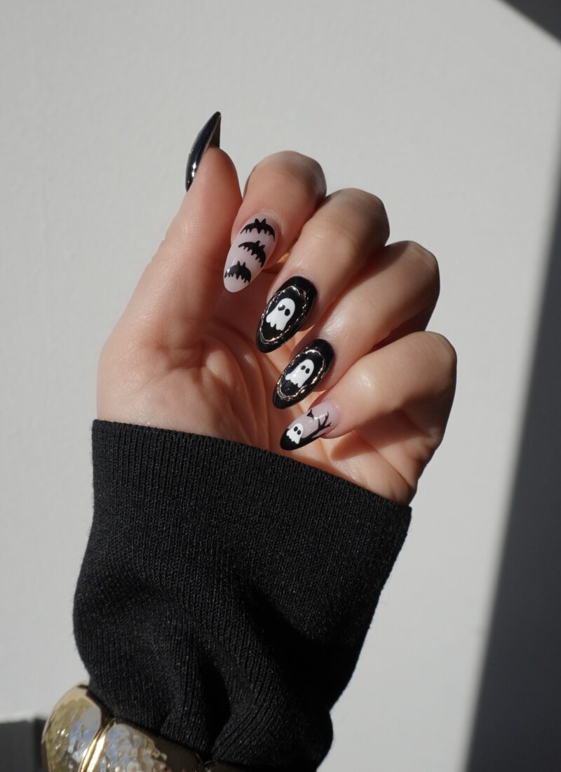 Spooky Black and White Ghost Nails for Halloween